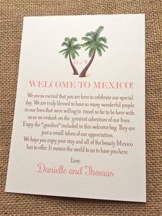 a welcome to mexico card with two palm trees on the front and one tree on the back