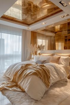 a large bed sitting in a bedroom next to a tall window with curtains on it