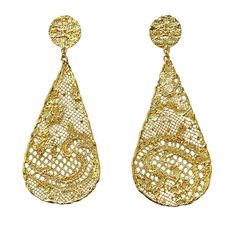 Large lace teardrop earrings dipped in 24k gold. Luxury Teardrop Diamond Earrings, Elegant Pierced Teardrop Earrings, Elegant Pierced Teardrop Earrings For Party, Filigree Teardrop Chandelier Earrings, Teardrop Filigree Chandelier Earrings, Luxury Teardrop Earrings For Evening, Elegant Pierced Teardrop Pendant, Luxury Teardrop Earrings For Party, Pierced Teardrop Bridal Earrings For Party