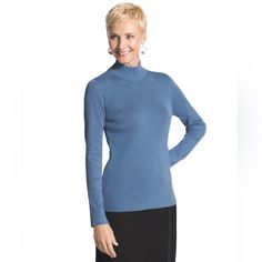 New With Tag Attached - Chico’s Mary Mock Neck Sweater Long Sleeve, In Maltese Blue. A Classic Favorite Mock Turtleneck. The Ribbed Fabric Adds A Bit Of Texture For An All-Around Cozy Feeling. Chico’s Size 3, Which Is Equivalent To Size Xl/16. Length: 25" 75% Rayon, 25% Polyester. Machine Wash. Imported. Original Price $59 In Excellent New Unworn Condition. From A Smoke-Free Home. Bundle This With Other Items To Save $ On Shipping! Elegant Blue Sweater For Fall, Blue High Neck Top For Fall, Blue Fitted Sweater For Fall, Fitted Blue Sweater For Fall, Light Blue Tops For Winter Layering, Elegant Blue Fall Sweater, Blue Tops For Winter Layering, Fall Blue High Neck Tops, Classic Blue Tops For Layering