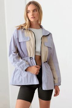 Le Lis Color Block Collared Wind Breaker Jacket – Runner Island® Lavender Cream, Normal Body, Color Block Design, Streetwear Style, Wind Breaker, Lavender Color, Bold Color, Nylon Fabric, Style Streetwear