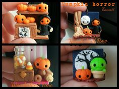 there are four pictures of miniature halloween decorations