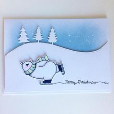 a christmas card with a polar bear holding a sleigh and trees in the background