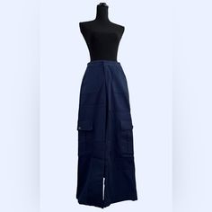 Labled As Us Women Size Xxs Non Stretch Fabric Waist (Flat) 13” Hip (Flat) 17”-18.5” Inseam; 31.5” Length; 40.5” Navy Wide Leg Cargo Pants With Pockets, Fitted Blue Bottoms With Hip Pockets, Blue Cotton Wide Leg Pants With Pockets, Blue Full-length Cargo Pants, Navy Bottoms With Side Pockets For Spring, Full Length Blue Cargo Pants, Blue Cotton Pants With Side Pockets, Blue Cotton Bottoms With Cargo Pockets, Blue Cotton Cargo Bottoms