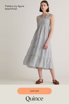 Looking for an effortlessly stylish and comfortable dress that's also sustainable? Our 100% European Linen Smocked Midi Dress has got you covered. Crafted from high-quality linen sourced from Europe, this dress is not only luxurious but also eco-friendly. The smocked design at the bust and waist flatters your figure while offering a relaxed fit that's perfect for all-day wear. And with its midi length, it exudes an air of casual elegance that's perfect for any occasion.  | Quince | Women's 100% European Linen Smocked Midi Dress in Blue Pinstripe, Size Medium European Linens, Comfortable Dress, Linen Women, Casual Elegance, Dress 100, Womens Midi Dresses, Quince, Midi Length, Smocking