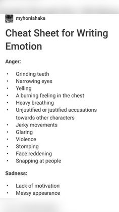 a sheet that has been written on it with the words'cheet sheet for writing emotion