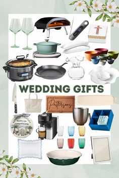 wedding gifts for the bride and groom are displayed in this image with flowers on it