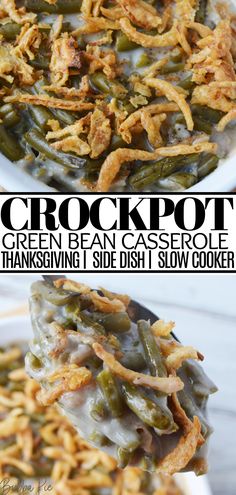 green bean casserole with crispy crockpot toppings is an easy and delicious side dish