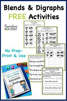 the worksheet for blends and digrash activities with pictures on it