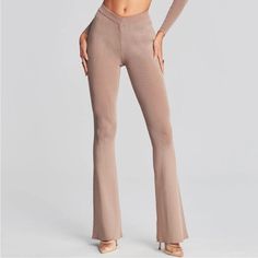 Brand New With Tags Attached Fitted Taupe Bottoms For Loungewear, Fitted Flare Beige Pants, Beige Fitted Flare Pants, Beige Flare Stretch Pants, Beige Trousers For Night Out, High Waist Beige Pants For Night Out, Stretch Flare Bottoms In Beige, Beige Bottoms For Night Out In Fall, Fitted Taupe Pants For Fall