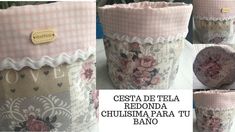 several pictures of the inside of a basket with flowers on it and lace trimmings