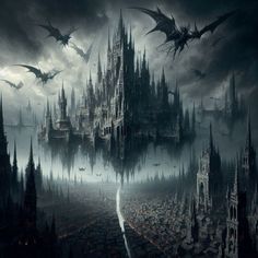 an image of a castle with bats flying over it in the dark sky above a city