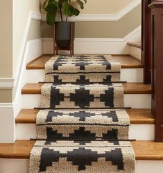 a carpeted stair case with black and white designs on the treads next to a potted plant