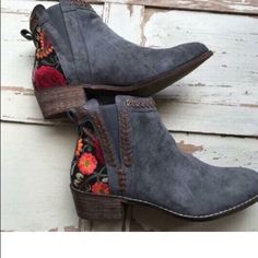 These Little Booties Have Been Selling For Us Like Crazy! They Are A Pull On Bootie And Really Work Best For Average To Narrow Feet As Far As Pulling On.! We Have Limited Stock Remaining! Casual Fall Boots With Floral Embroidery, Casual Boots With Floral Embroidery And Round Toe, Grey Ankle Boots, Luxury Boots, Womens Black Booties, Faux Suede Boots, Black Camel, Rounded Toe Boots, Embroidered Details