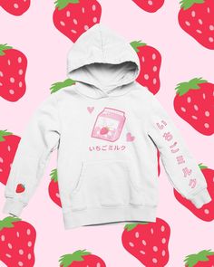 Strawberry Milk Hoodie | Cute Hoodie | Kawaii Hoodie | Cute Gift | Hoodie | Aesthetic Hoodie | Strawberry Milk Hoodie | Kawaii Clothing Unisex Perfect cute gift for any kawaii! Comfy Hoodie to Lounge in! Actual item may be lighter/darker than pictured. M A T E R I A L S - 80% US cotton/20% Poly-Ring Spun Yarn - Mid-Weight Fleece - 3 Panel Hoodie - Matching Draw Cord - Kangaroo Pocket S I Z I N G - Size chart is available on our listing photos. S H I P P I N G & P R O D U C T I O N T I M E - Mock Kawaii Hoodie, Strawberry Shirt, Kawaii Clothing, Hoodie Aesthetic, Hoodie Cute, Hoodie Allen, Aesthetic Hoodie, Anime Lover, Cute Hoodie