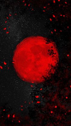 the red moon is shining brightly in the dark night sky, with stars scattered around it