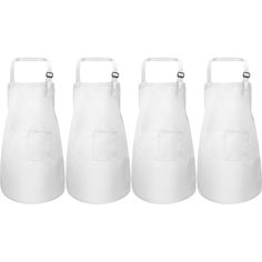 three white aprons are shown on a white background