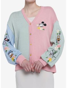 Let your spring wardrobe bloom with your favorite Disney pals! This color-block cardigan features embroidered sleeves with Pluto, Goofy, Minnie Mouse and Donald Duck with pastel flowers, and Mickey Mouse embroidered at the chest with more flowers. Comes with multicolored flower buttons down the center. Disney Sweaters Vintage, Disney Clothes Kohl's, Pastel Cardigan, Disney Vans, Pastel Girl, Spring Capsule Wardrobe, Tall Hoodies, Embroidered Sleeves, Spring Pastels