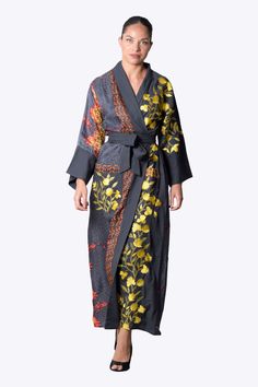 Gray embroidered kimono robe Long Kimono Outfit Dressy, Long Kimono Outfit, Bride Robe Lace, Long Silk Kimono, Bridal Dressing Gown, Silk Robe Long, Bridal Kimono, Embroidered Robes, Traditional Japanese Kimono