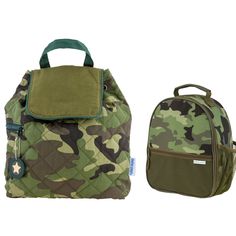 Camo Backpack and Lunch Box Great for school or travel this backpack and lunch box is perfect for busy toddlers and preschoolers on the go.  Backpack is made of quilted cotton with nylon lining. Roomy interior that can hold folders, coloring books, school papers and a change of clothes. Has adjustable straps and carrying handle.  An outer side pocket with themed zipper pull.  Fully lined interior with easy to use drawstring and magnetic snap closure. It's easy to pack up and go with a roomy inte Books School, Pack Up And Go, Camo Backpack, Lunch Box Set, Book Bags, Toddlers And Preschoolers, Preschool Books, Busy Toddler, Kids Lunchbox