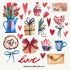 watercolor valentine's day card with hearts, flowers and gifts