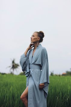 Light Blue Kimono Dress, Japan Kimono, Short Long Kimono Robe, Free Size - Etsy Greece Light Blue Kimono, Long Kimono Dress, Japan Kimono, Blue Kimono, Obi Belt, Short Models, Style Japonais, Long Kimono, Beauty And Fashion