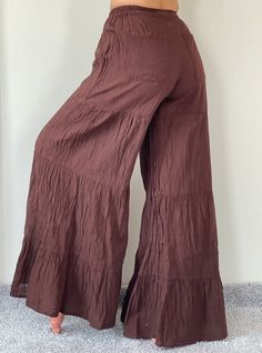 "Wide Leg Style Lady Pants with elastic waistband. Cotton/Rayon Blend Measurement: Waist: 30-40\" Hip: up to 46\" Length: 42\" Inseam: 28\" Ankle 34\" Shipping & Handling ❤️❤️❤️ Parcels will be ship via DHL Express ❤️❤️❤️❤️ Shipping : - All item will be shipped in 1 business days after receiving payment. We ship item via DHL Express. We use registered shipment for every product of ours. You can always track whereabouts it is and what happens to the item. We will always declare the package as Solid Wide Leg Pants For Vacation, Solid Color Wide Leg Pants For Vacation, Brown Trousers With Elastic Waistband, High Waist Brown Cotton Wide Leg Pants, Full Length Rayon Pants With Elastic Waistband, Vacation Wide Leg Pants With Elastic Waistband, Full Length Cotton Bottoms For Vacation, Full-length Rayon Bottoms With Elastic Waistband, Casual Full Length Rayon Bottoms