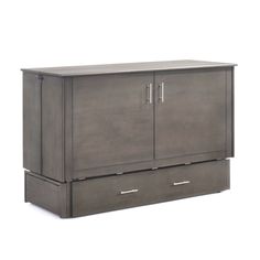 a large gray cabinet with two doors and drawers on the bottom, in front of a white background