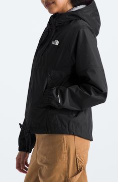 Rainy days have met their match with this hooded jacket that's breathable, lightweight and repels water and wind. 22" length (size Medium) Front zip closure Drawstring hood Stand collar Elastic cuffs Front zip pockets Seam sealed Waterproof PFC-free, durable water-repellent coating is free of per- and poly-fluorinated chemicals, some of which can be harmful to the environment 75-denier 88g/m² DryVent shell with PFC-free water-repellent finish Lined 100% nylon Machine wash, tumble dry Imported Black Sporty Raincoat For Hiking, Sporty Long Sleeve Hooded Jacket For Rainy Weather, Black Hiking Raincoat With Adjustable Hood, The North Face Double-lined Hood Outerwear, Sporty Hooded Raincoat For Outdoor, Black Sporty Windbreaker For Rainy Weather, Sporty Black Windbreaker For Rainy Weather, Sporty Windproof Windbreaker For Rainy Weather, Black Hiking Windbreaker With Drawstring Hood