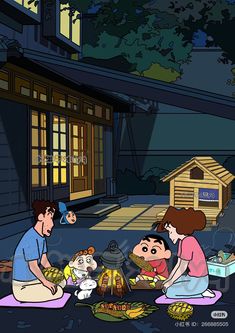 an animated image of two people cooking food on the ground in front of a house