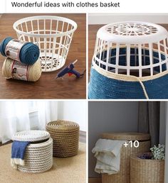 four pictures with different things in them including baskets, yarn and other items on the floor