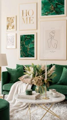 a living room with green couches and pictures on the wall above it that says take me there