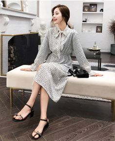 Women White Dress Elegant Stand Collar Polka Dot Flare Sleeve Side Split JKP3867 Fitted Chiffon Dress For Workwear, Fitted Chiffon Dress For Spring Workwear, Long Sleeve Polka Dot Floral Dress, Casual Polka Dot Chiffon Dresses, Polka Dot Chiffon Long Sleeve Dress, Polka Dot Long Sleeve Chiffon Dress, Long Sleeve Chiffon Dress With Polka Dots, Leather Pants Style, Side Split Dress