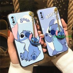 two phone cases with cartoon characters on them, one is blue and the other is pink