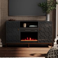 an entertainment center with a fireplace in the middle