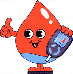 a cartoon blood drop holding a cell phone