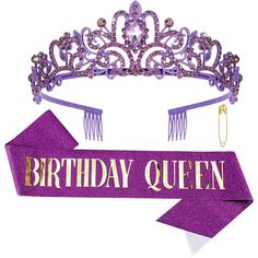 Purple "Birthday Queen" Sash + Rhinestone Purple Crown. Crystal Purple Crown. It Is A Dazzling And Beautiful Tiara For Women. With The Shiny, Attractive, Beautiful Rhinestones Paved On The Crown, You Feel Like A Queen Or Princess When Wearing It. Perfect For Any Party Use, Costumes, Wedding, Or Party, It Is The Most Stunning At Any Occasion Decorated For The Special Birthday Woman Girl. Purple Birthday Queen Sash. Birthday Sash Made From Soft Satin Fabric Using Hot Pressed Stamping Foil Will Com Purple Crowns, Birthday Decorations Purple, 100 Birthday Decorations, Purple Birthday Decorations, Purple Happy Birthday, Crowns For Women, Black Tiara, Queens Tiaras