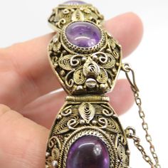 Beautiful estate natural amethyst silver vermeil filigree bracelet. great shape. 43.7 grams. 18mm wide. 13mm by 9mm amethyst cabs. fully marked. fits up to 7 inchs. Luxury Handmade Antique Style Bracelets, Antique Purple Bracelets For Formal Occasions, Purple Bohemian Jewelry For Formal Occasions, Formal Bohemian Purple Jewelry, Weird Jewelry, Antique Costume Jewelry, Filigree Bracelet, Jewelry Board, Seahorse Pendant