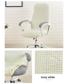 an office chair covered in a blanket and sitting next to a white brick wall with the words ivory white on it