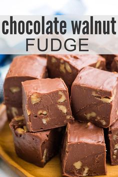 Chocolate nut fudge squares on a plate. Chocolate Walnut Fudge Recipe, Walnut Fudge Recipe, Microwave Peanut Butter Fudge, Dipped Fruit, Chocolate Walnut Fudge, Bar Desserts, Fudge Chocolate, Walnut Fudge