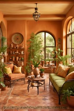 a living room filled with lots of furniture and potted plants on top of windows