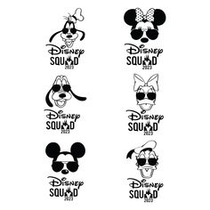 the disney squad logo is shown in black and white, with sunglasses on it's head