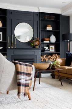 a living room filled with furniture and a fire place