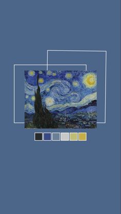 the starry night painting is shown on a blue background