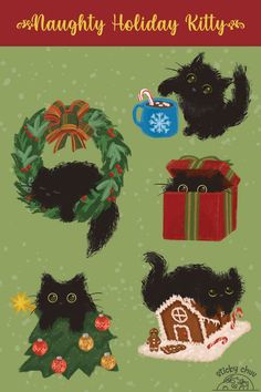 a christmas card with black cats and presents