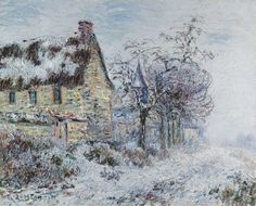 a painting of a house in the snow