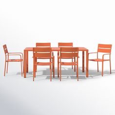 an orange table and four chairs are arranged in a row on a white background with shadows