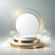 a round white object with gold accents on a pedestal in the middle of some clouds