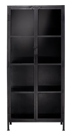 a black bookcase with glass doors on the front and bottom shelves, against a white background