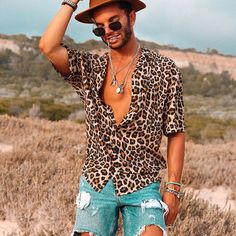 Printed Shirts Men, Leopard Print Shorts, Streetwear Mode, Retro Mode, Casual Summer Shorts, Mode Vintage, Mens Street Style, Print Shirt